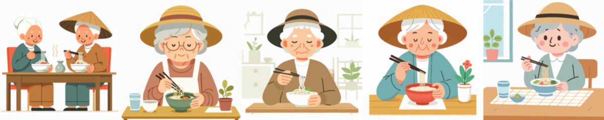 vector character grandma eating noodles at the table