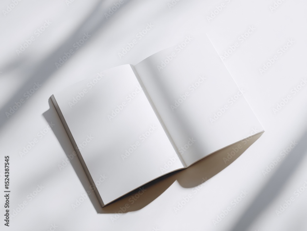 Poster open blank book on white surface with leaf shadows, ideal for mockups and publishing industry promot