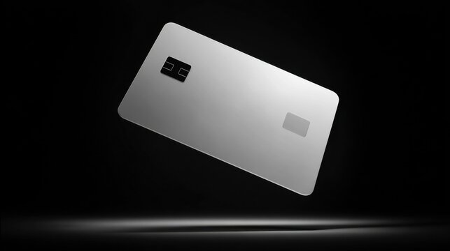 Floating Silver Credit Card on Black Background, Symbolizing Modern Finance and Digital Payment Solutions for E-Commerce and Online Shopping : Generative AI