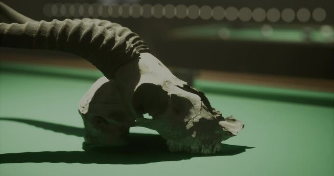 A detailed horned skull rests on a green billiards table, casting shadows in low light. The atmosphere is relaxed and mysterious, evoking an intriguing ambiance for players.