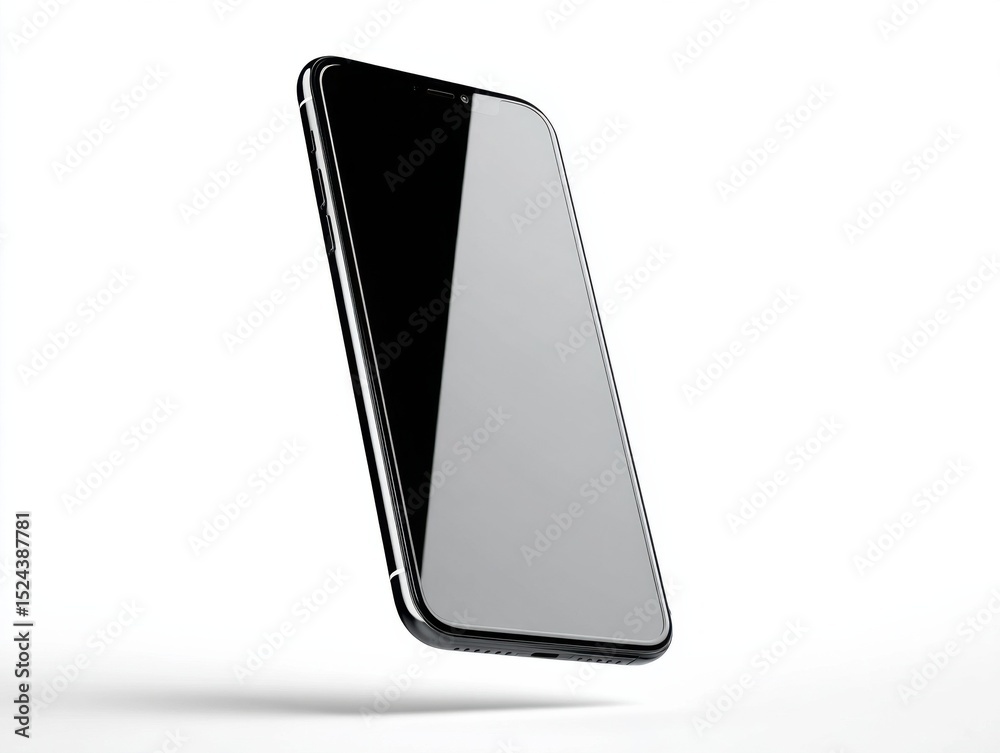 Poster sleek black smartphone floating on white background, ideal for mobile app advertising and technology