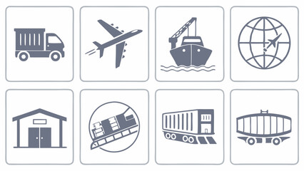 Global Logistics and Transportation Icons Shipping, Air Freight, and Warehousing