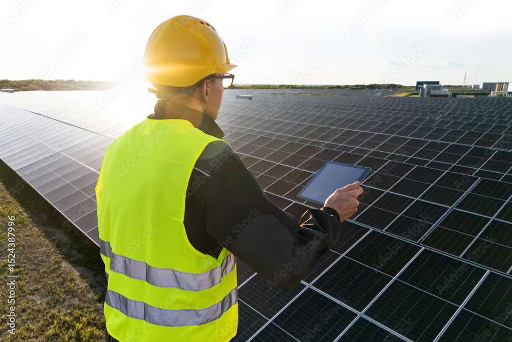 Poster engineer with tablet computer on a solar energy power station