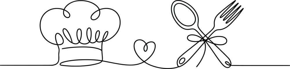 Chef Line Art Design, Hat, Heart, Spoon & Fork Continuous Drawing.