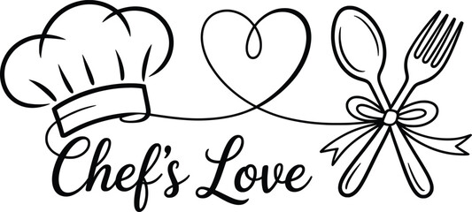 Chef's Love Line Art, Hat, Heart, Spoon & Fork Kitchen Design.