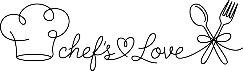 Chef's Love Line Art, Hat, Heart, Spoon & Fork Kitchen Design.