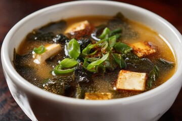 Delicious bowl of savory soup with tofu and seaweed garnished with green onions served in an elegant bowl