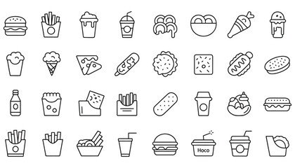 Hand-drawn web design icon set: a doodle vector illustration of internet, business, food, computer, and shopping symbols