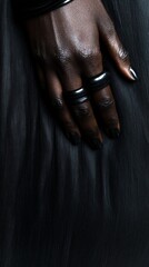 A woman's hand is shown with a black ring on the middle finger and a black nail polish on the nails
