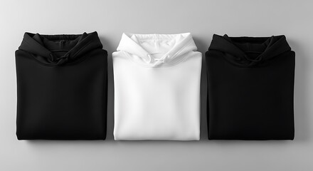 Three folded hoodies in black and white color composition minimalist design