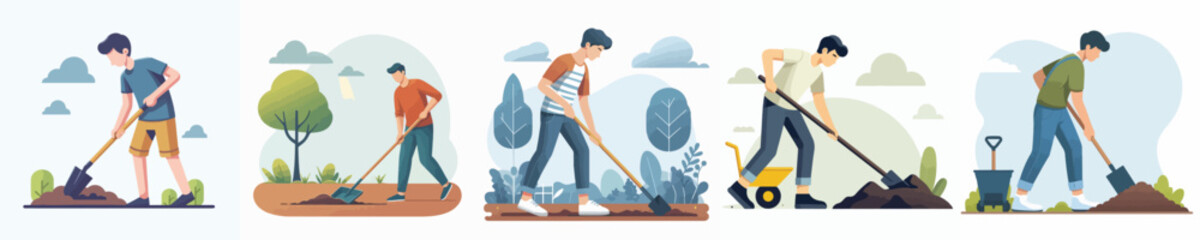 Fototapeta premium vector character man hoeing the ground