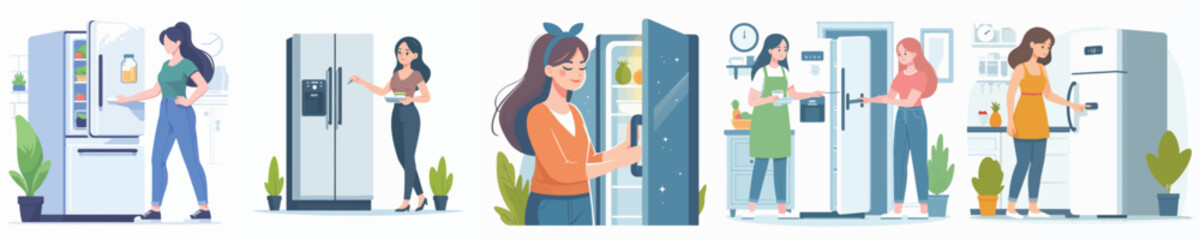 vector character woman opening refrigerator