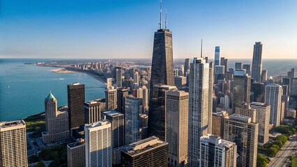 Fototapeta premium Aerial view of chicago skyline with lake michigan on a clear sunny day