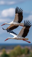Obraz premium Two graceful storks glide through the air over reeds, captured from above in bright, natural light against a blue sky
