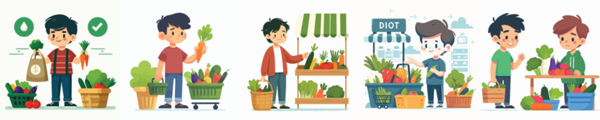 boy character vector shopping for vegetables