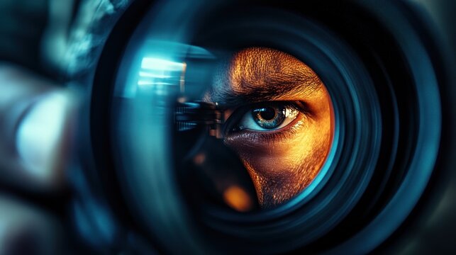 Intense focus: A close-up of a man's eye peering through a camera lens