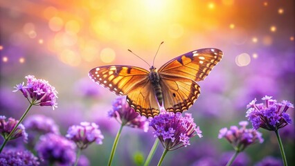 A delicate butterfly perches on a purple violet flower, its wings spread wide in a serene and peaceful gesture, with soft sunlight filtering through the petals , flowerfield, calm