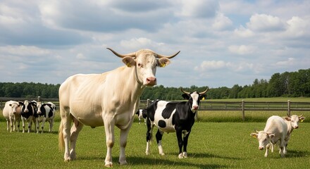 Obraz premium Majestic Cows Grazing in a Lush Green Pasture under a Cloudy Sky
