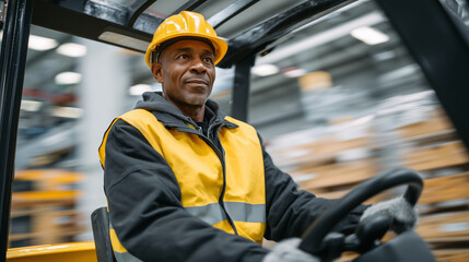 Black man in safety gear operating a pallet jack, captured in mid-motion, sharp detail on his expression while the background hums with blurred industrial movement