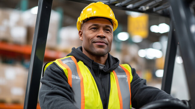 Black man in safety gear operating a pallet jack, captured in mid-motion, sharp detail on his expression while the background hums with blurred industrial movement