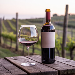 Wine bottle and glass on wooden table with scenic vineyard background captured in warm evening light

