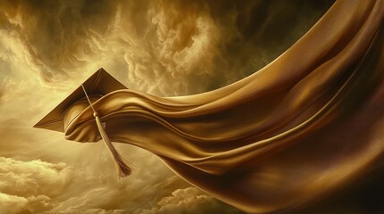 Golden graduation cap soaring amidst swirling clouds, symbolizing academic achievement