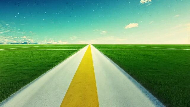 A yellow pathway stretches through a field of green grass, under a vibrant sky