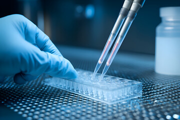 Scientist placing multiwell plate for automatic pipette filling samples