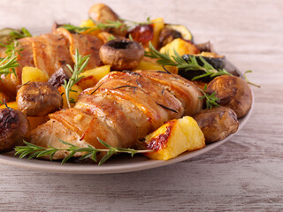Roast rosemary turkey fillet wrapped in bacon