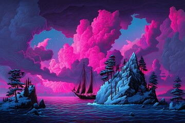 A sailboat sails through a neon-lit sea, approaching a mystical island under a vibrant sky filled with swirling colors.