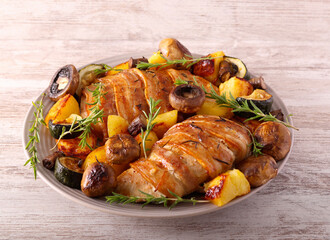Roast rosemary turkey fillet wrapped in bacon with potatoes, mushrooms