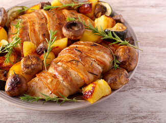Roast rosemary turkey fillet wrapped in bacon