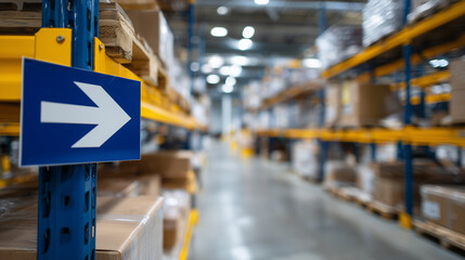 Fototapeta premium Directional sign fixed on concrete pillar in a shipping zone, high stacks of boxes leading the eye through a tunnel of industrial shelving, background softened with motion blur