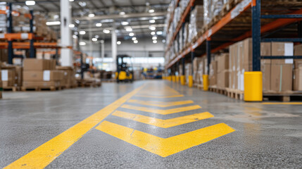 Vibrant warehouse safety arrow stenciled on the floor in bold yellow, rows of boxes stretching into the distance, warehouse operations fading softly behind it