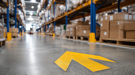 Vibrant warehouse safety arrow stenciled on the floor in bold yellow, rows of boxes stretching into the distance, warehouse operations fading softly behind it