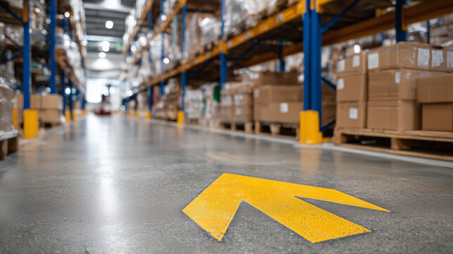 Vibrant warehouse safety arrow stenciled on the floor in bold yellow, rows of boxes stretching into the distance, warehouse operations fading softly behind it