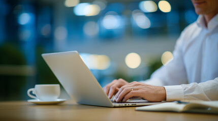 Refined senior professional tapping on a laptop trackpad, seated at a clean desk with a coffee mug and notebook, stylish office furniture and open space glowing softly in the backg