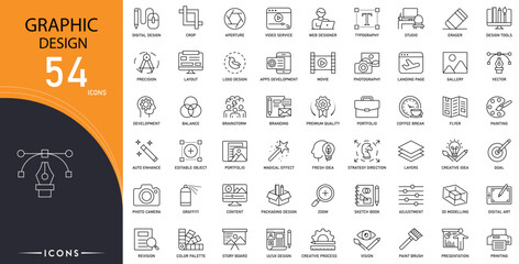 Graphic design related icon collections. Containing creativity, layout, tools, vector, typography, color, branding, illustration, software, and concept icons. Editable Stroke. Outline icons.