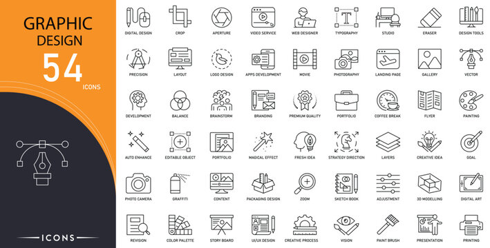 Graphic design related icon collections. Containing creativity, layout, tools, vector, typography, color, branding, illustration, software, and concept icons. Editable Stroke. Outline icons.