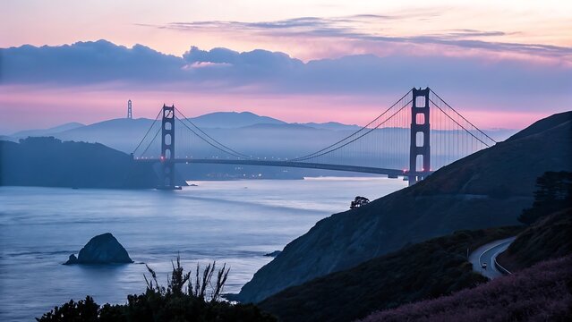 Golden gate bridge at twilight a serene landscape of san francisco bay with dramatic sky