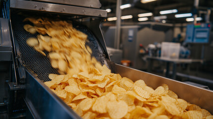 Potato chips flowing from a processing chute onto a vibrating conveyor system, with uniform golden tones and soft factory lighting creating a clean, appetizing look