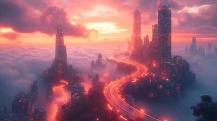 Obraz premium Futuristic cityscape on clouds at sunset