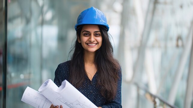 Young Indian Woman Architect Smiling with Blue Hard Hat and Plans