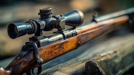 Vintage hunting rifle with scope resting on weathered wooden surface, still life