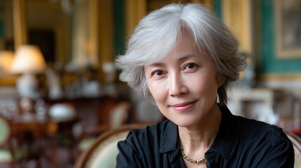 A cheerful Asian woman in her late fifties relaxes in her cozy living room, illuminated by natural light