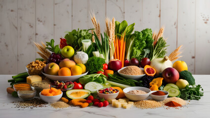 A vibrant and stylish photograph of a diverse assortment of dietary foods, artfully arranged to represent healthy eating habits and nutritional variety, featuring a balanced diet of fresh fruits