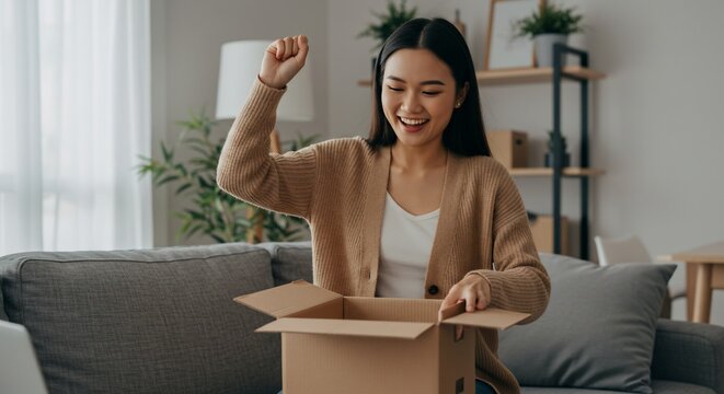 Excited woman unboxing package at home, joyful, sitting on sofa. Delivery use