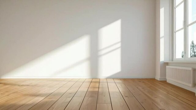 Interior of a bright room with wooden floor white walls and a window casting light shadows on the wall