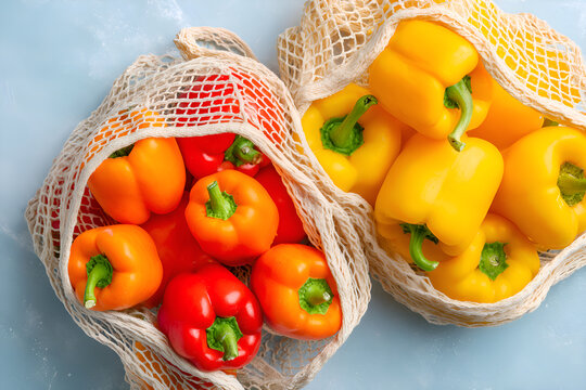 Fresh yellow and orange bell peppers resting in reusable mesh bags