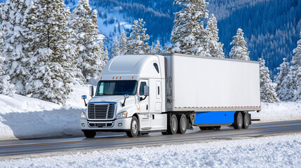 Powerful truck with large cargo trailer driving along a snowy highway, tire tracks visible in fresh snow, pine trees dusted with white on both sides, cold blue light of winter afte